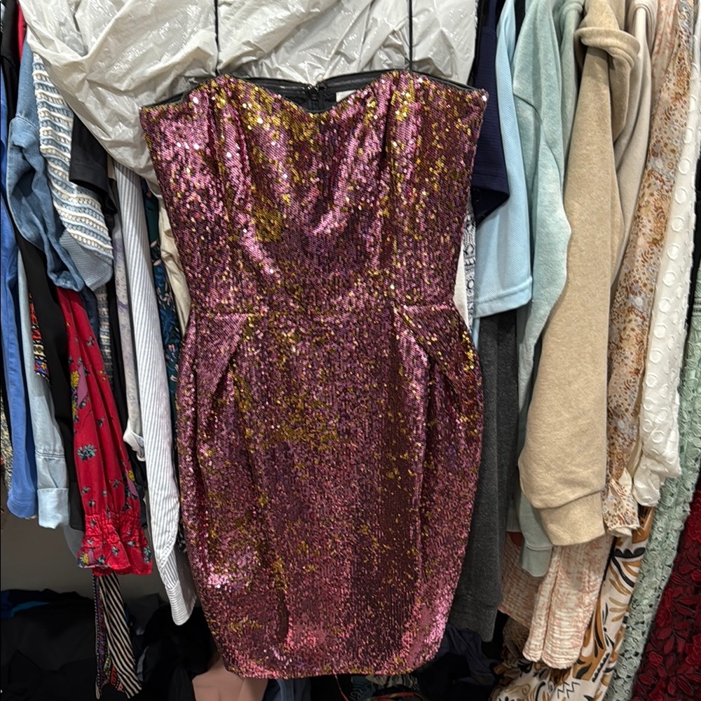 Badgley Mischka Strapless Sequin Dress in Pink and Gold